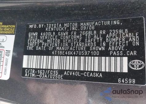 2007 Toyota Camry Se из США, поврежденный, VIN 4T1BE46K47U597100